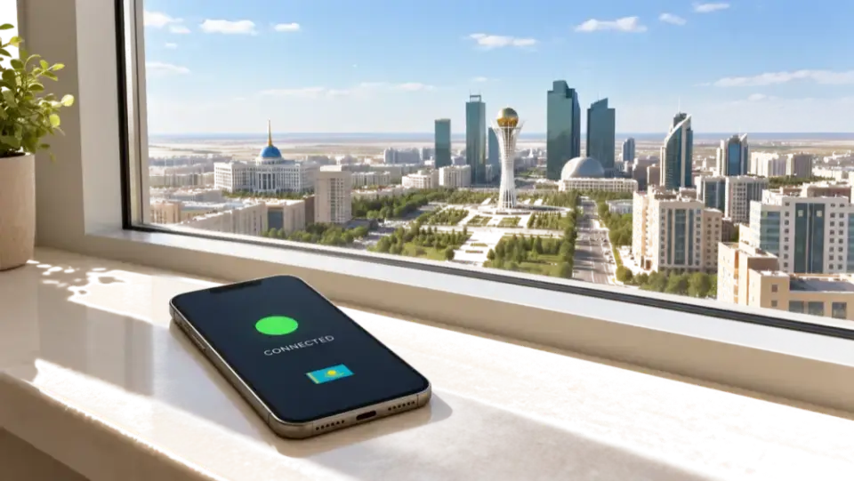 Астана с высоты, на подоконнике телефон с приложением Akuena